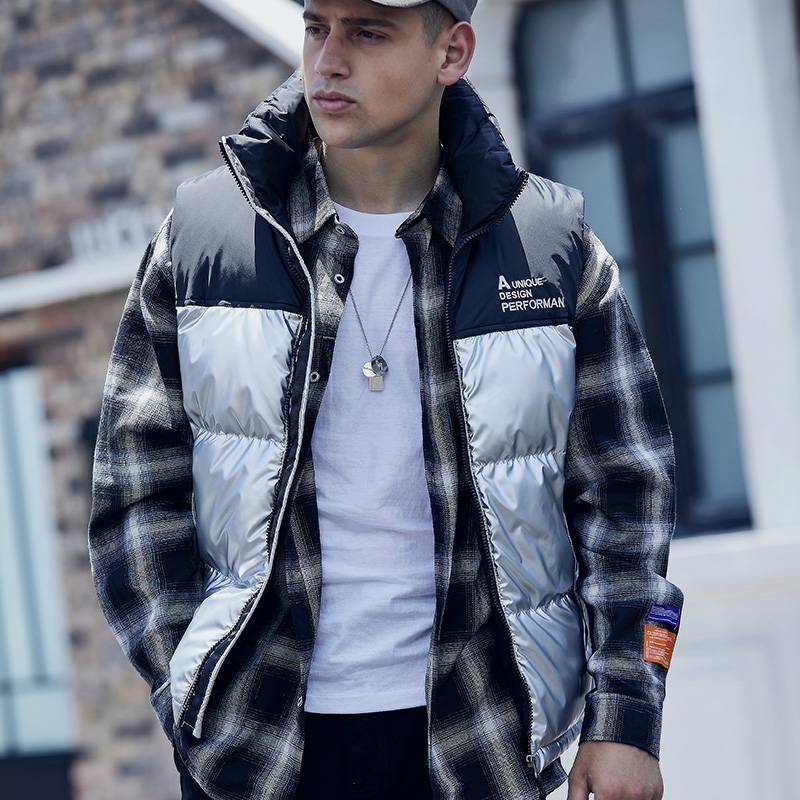 Men's  Thickened Water-Resistant  Puffer Vest Silver Black