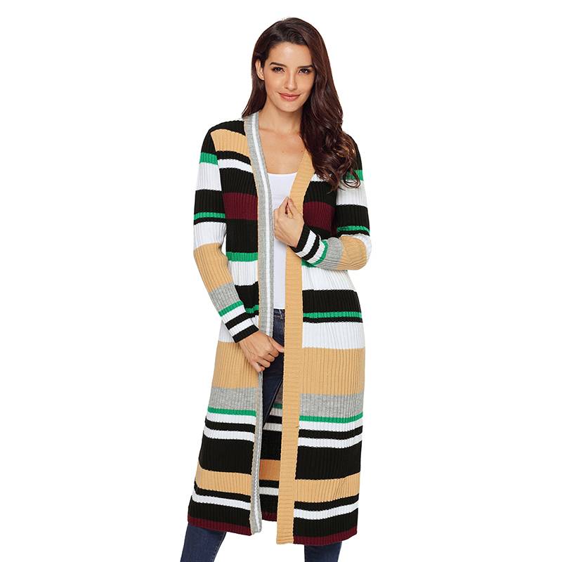 Women's Multicolor Striped Cardigan Long Sleeve Sweater Jacket