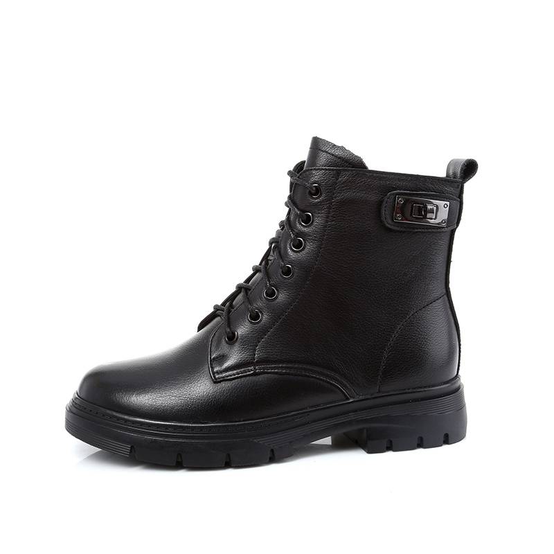 Women's 100% Cow Leather Round Toe  Lace-Up Zipper Boots With Fleece Lined