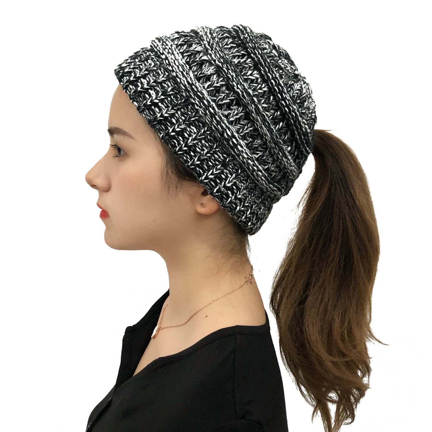 Women's Woolen Feel Curled Knitted Ponytail Hat