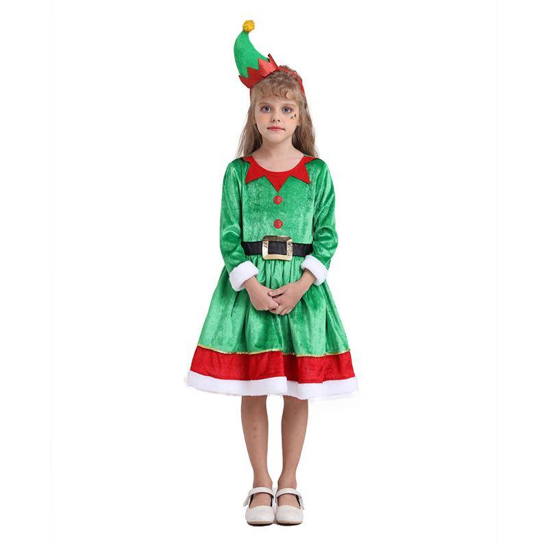 Girls' Christmas Elf Dress Up Children's Costume Include Headwear