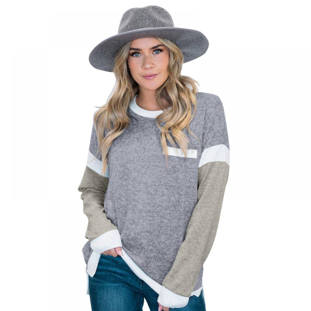 Women's Colorblock Long Sleeve Crew Neck Simple Design Pocket Top