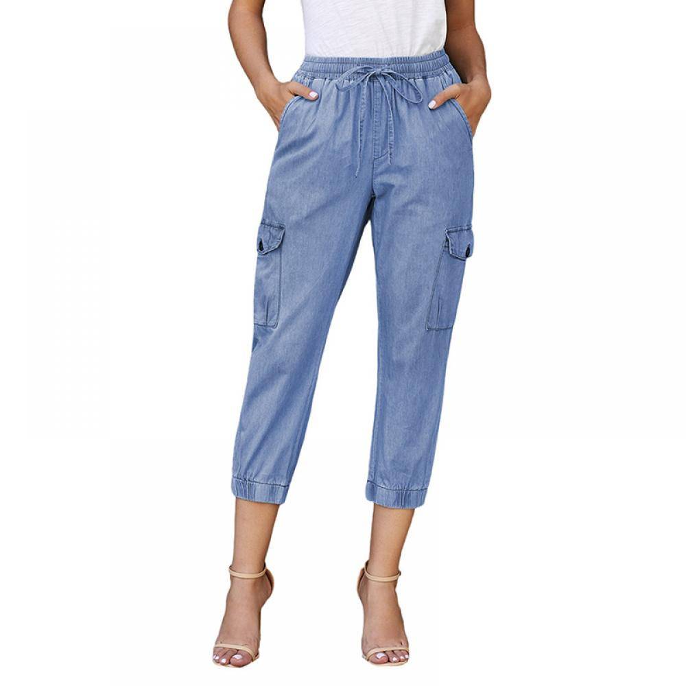 Women's Solid Color Loose Pockets Decorated With Lace-Up Elastic Waist Cropped Trousers