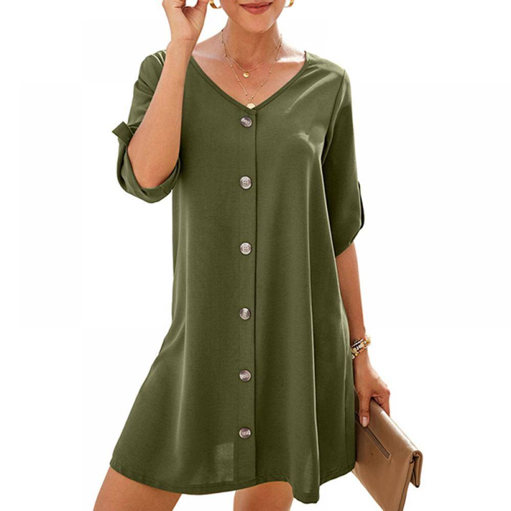 Women's V Neck Button Front Roll Up Tab Sleeve Dress