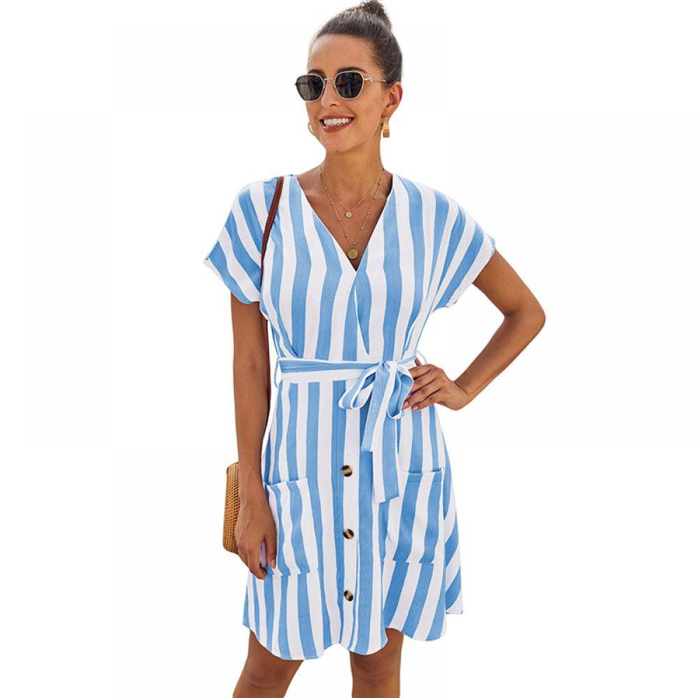 Women's Blue Stripe Short Sleeve Casual Dress