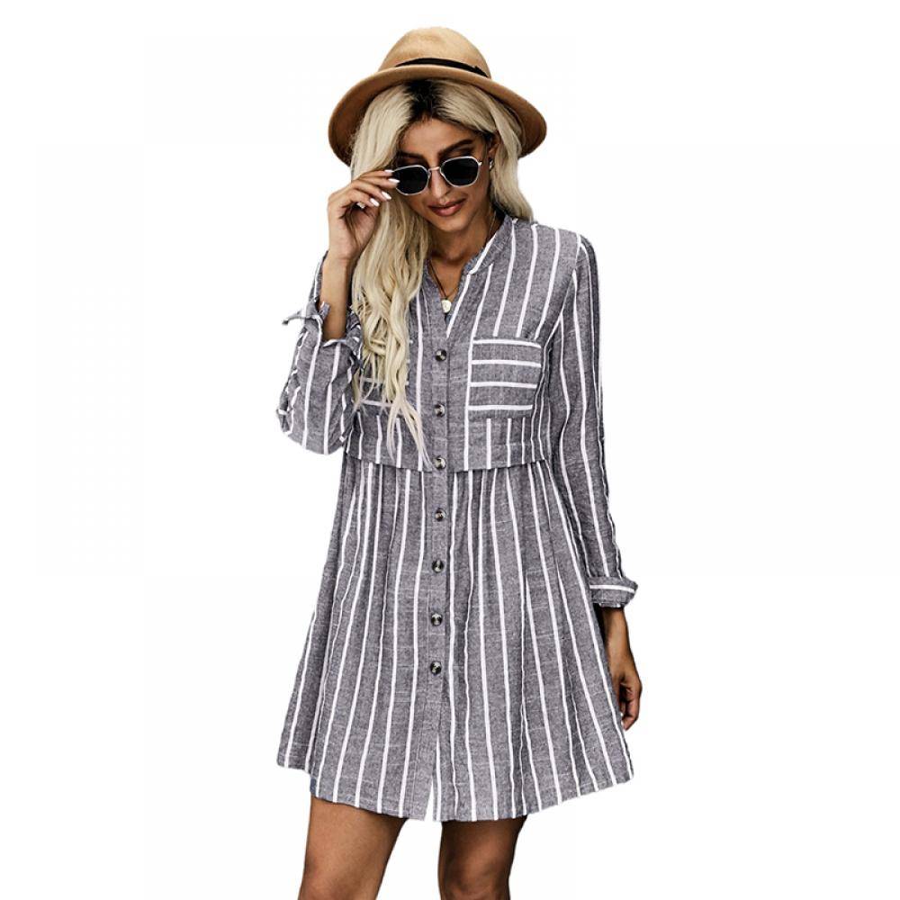 Women's Contrast Striped Buttoned Shirt Dress