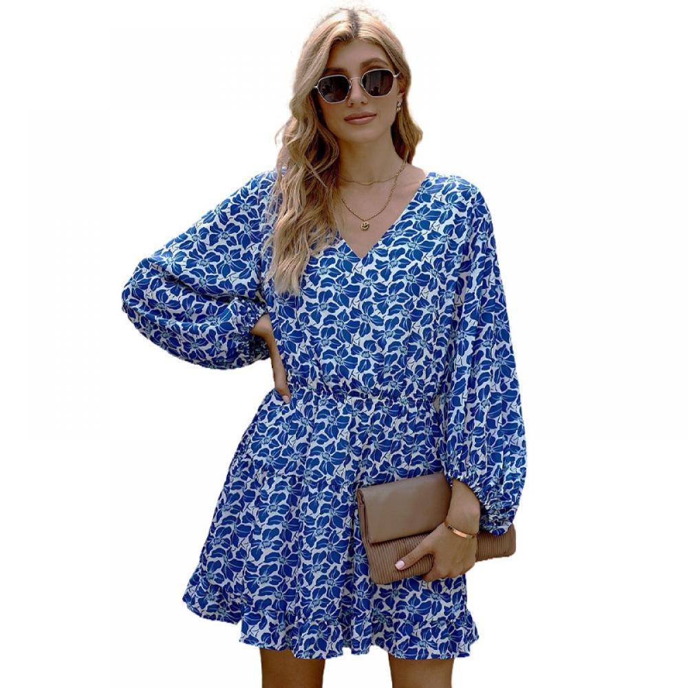 Women's V Neck Lantern Sleeves Floral Tunic Dress