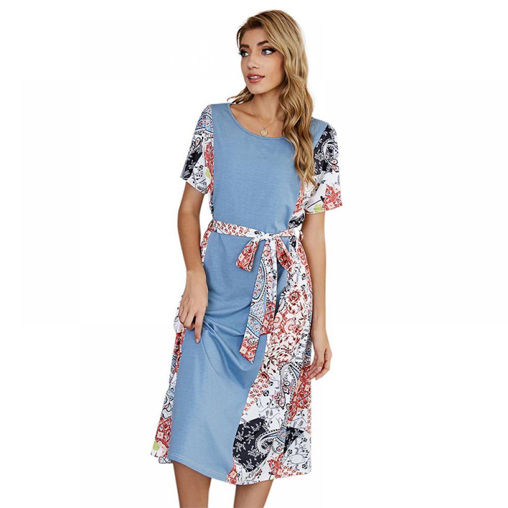 Women's Patchwork Casual Belt Printed Dress
