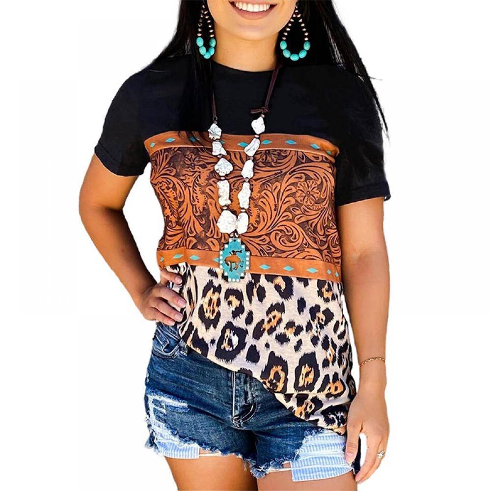 Women's Marble Print Splicing Color Block T-shirt